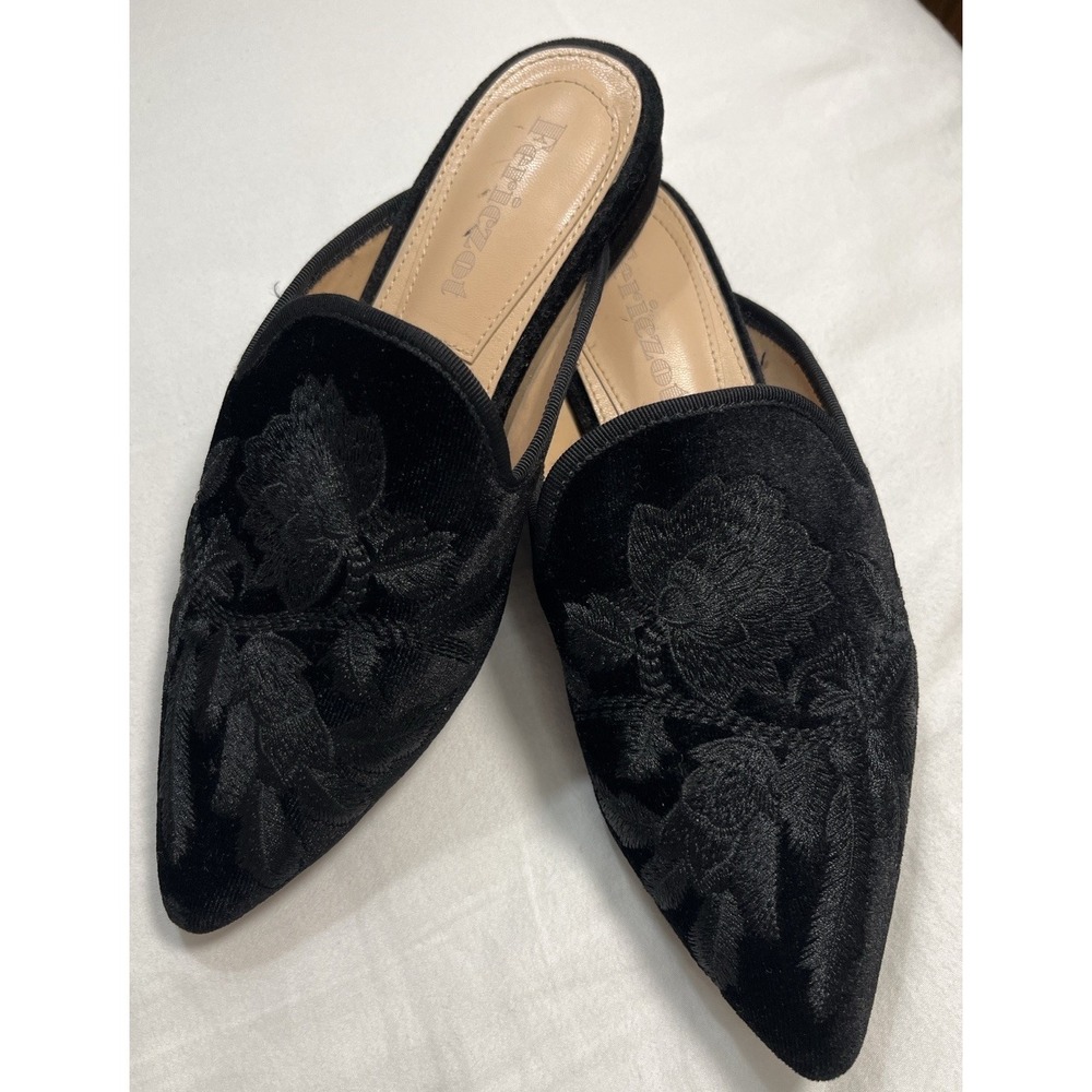 Fericzot Black Velvet Embroidered Mule Flats Pointed Toe Slip On Floral Shoes 6 - Picture 2 of 9